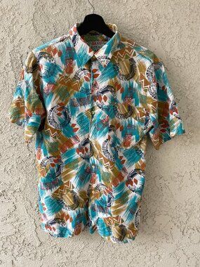 Vintage Royal Faks Made in Italy Abstract Tribal Print Shirt Geometric 90s Med
